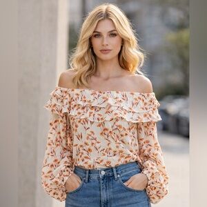 Maje Women’s Laurane Off Shoulder White & Orange Floral Blouse Size M